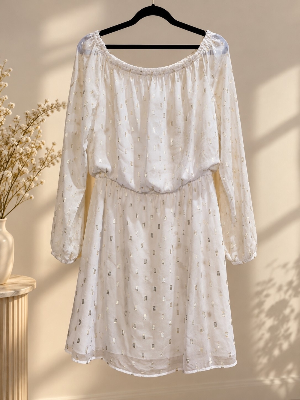 White House Black Market White Long-Sleeve Metallic-Trim Mini Dress